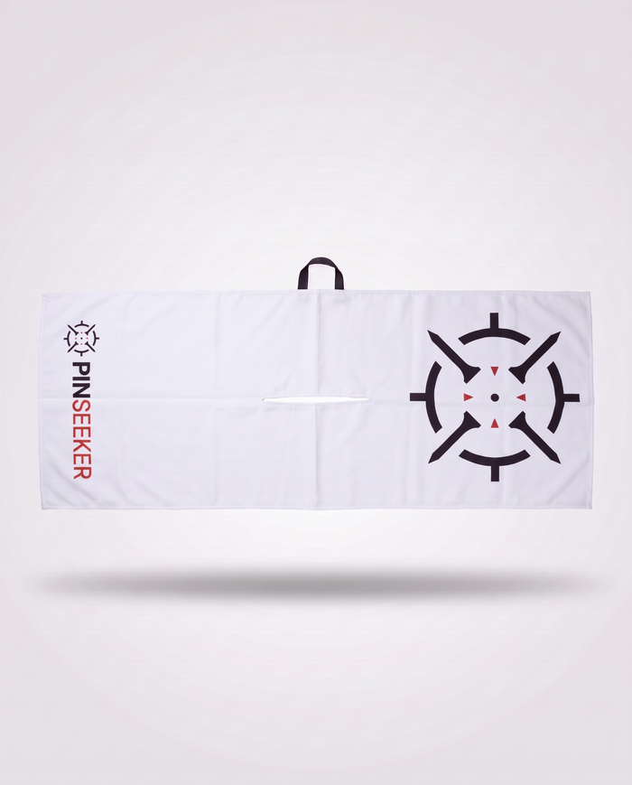 PINSEEKER Tour Golf Towel in Whiteout, full length with the hanging loop and centre slit