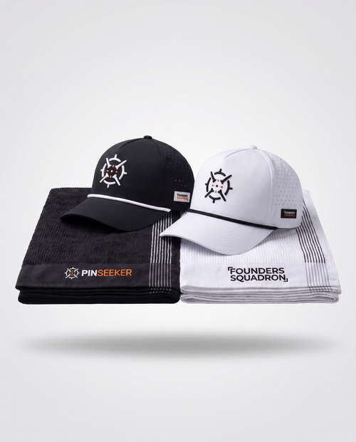 PINSEEKER Founders Squadron Bundle, Blackout and Whiteout caps on their folded caddy towels