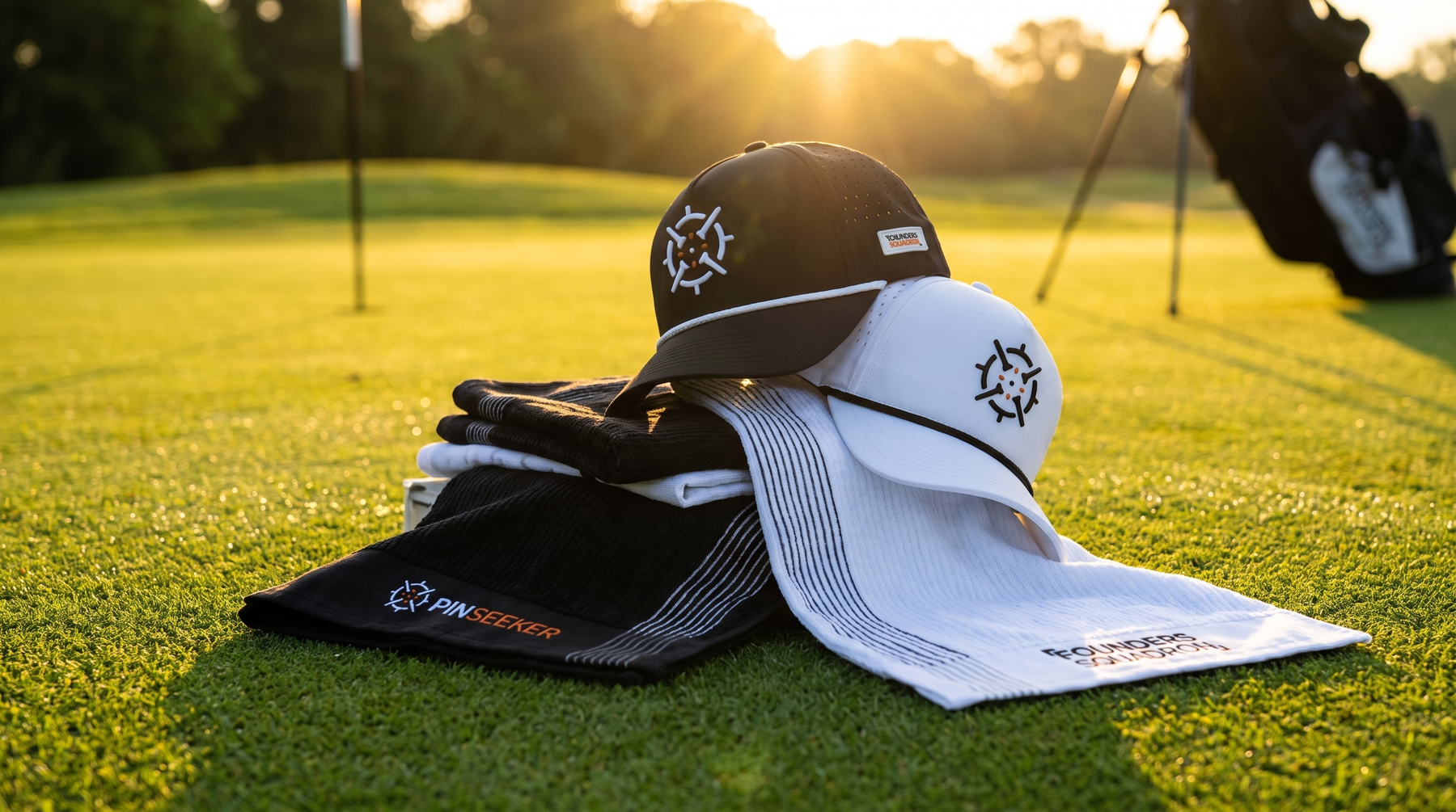 PINSEEKER caps and towels in Blackout and Whiteout on the green at sunrise