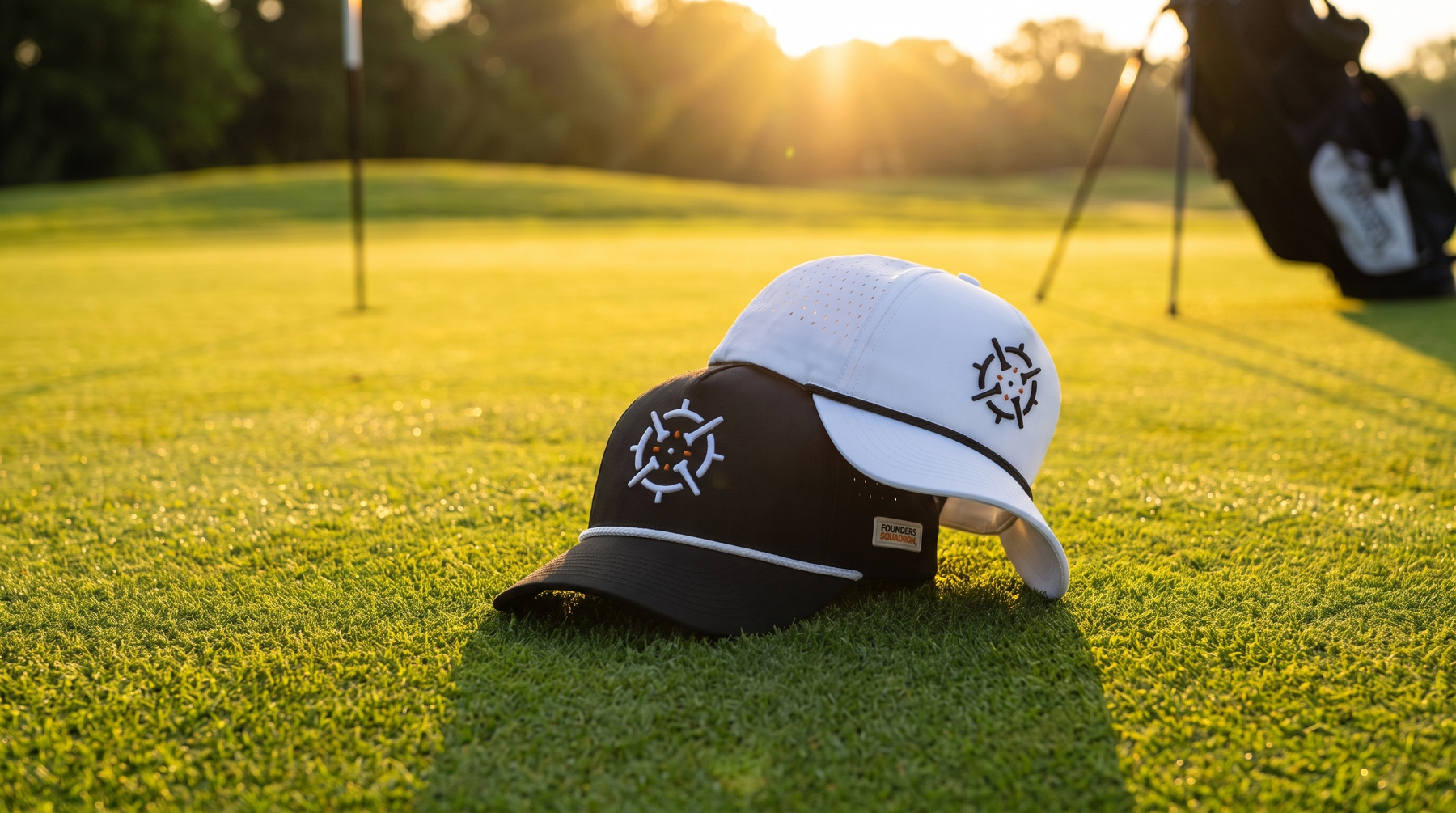PINSEEKER Performance Golf Caps in Blackout and Whiteout on the fairway at sunset