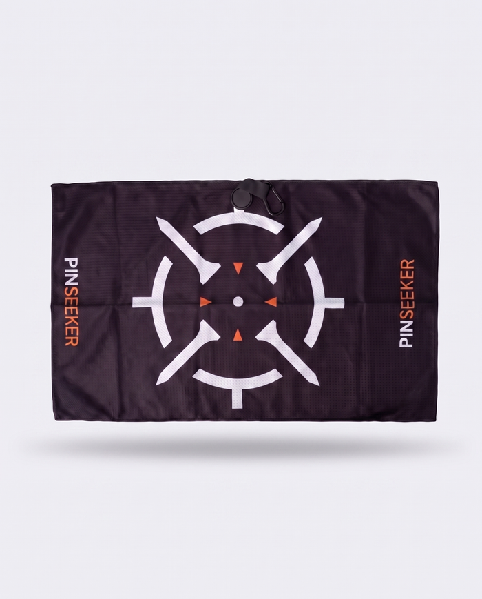 PINSEEKER Magnetic Golf Towel in Blackout, cleaning face with the target logo and magnet clip