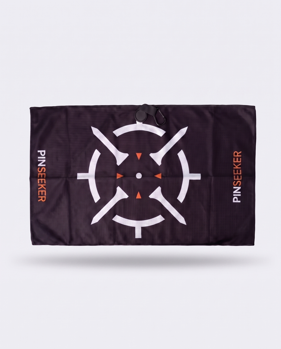 PINSEEKER Magnetic Golf Towel in Blackout, cleaning face with the target logo and magnet clip