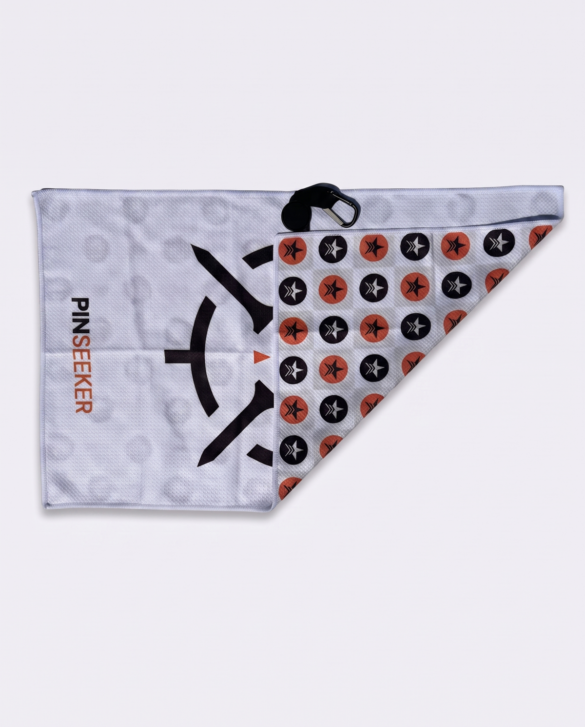 PINSEEKER Magnetic Golf Towel in white, the Whiteout colourway, folded back to show the star pattern reverse