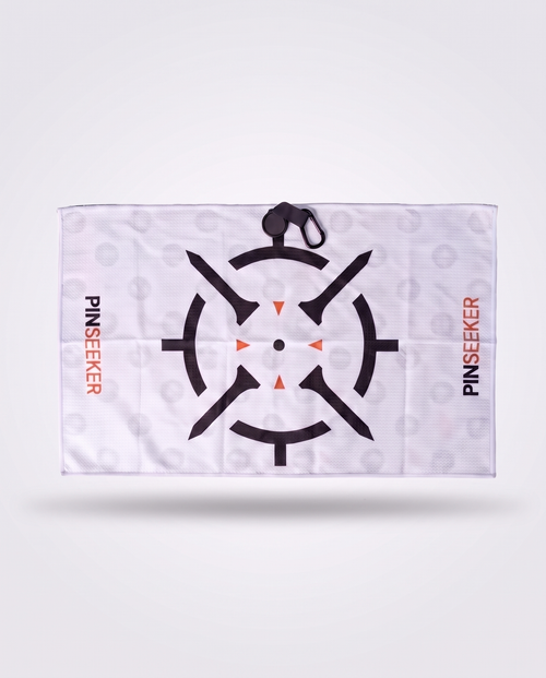 PINSEEKER Magnetic Golf Towel in Whiteout, cleaning face with the target logo and magnet clip