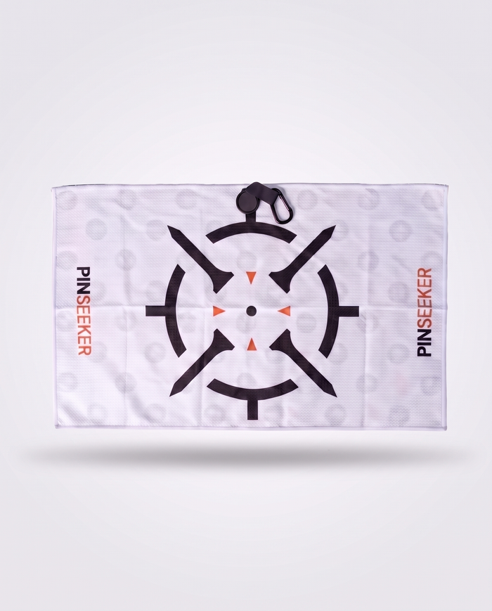 PINSEEKER Magnetic Golf Towel in Whiteout, cleaning face with the target logo and magnet clip