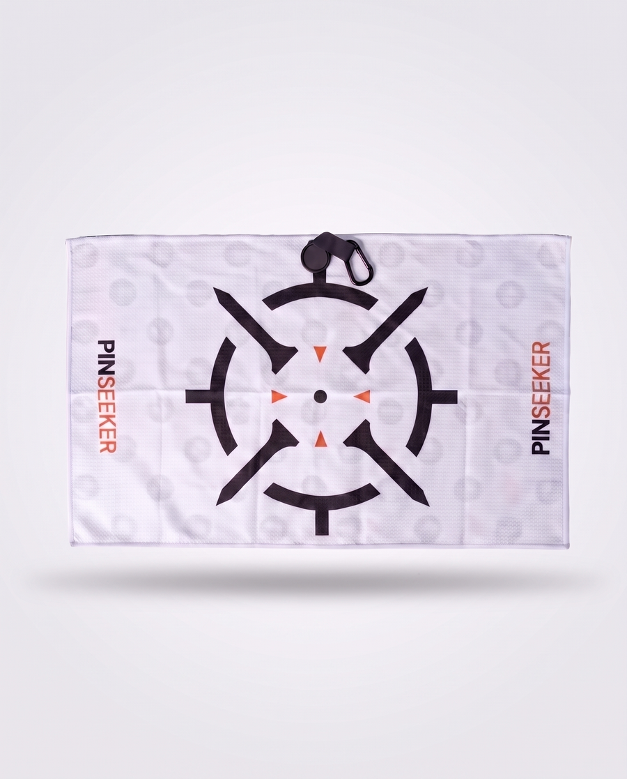 PINSEEKER Magnetic Golf Towel in Whiteout, cleaning face with the target logo and magnet clip