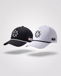 PINSEEKER Performance Golf Caps in Blackout and Whiteout side by side, one of each from the Wingman Bundle