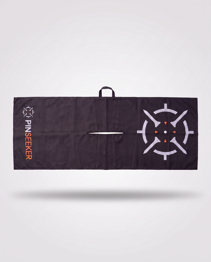 PINSEEKER Tour Golf Towel in Blackout, full length with the hanging loop and centre slit