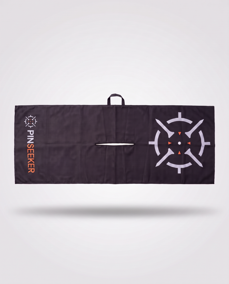 PINSEEKER Tour Golf Towel in Blackout, full length with the hanging loop and centre slit