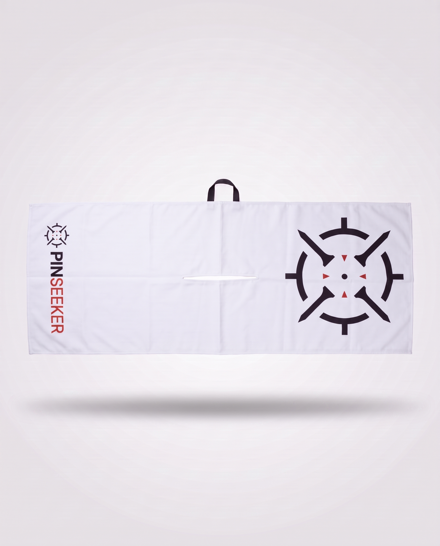 PINSEEKER Tour Golf Towel in Whiteout, full length with the hanging loop and centre slit