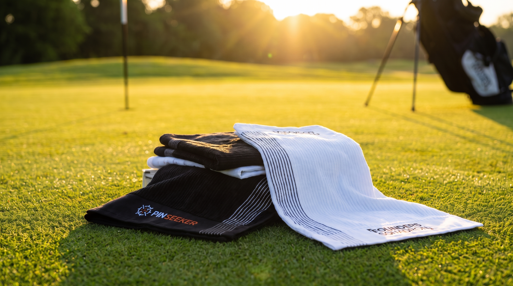 PINSEEKER Blackout and Whiteout golf towels laid on the green at sunrise