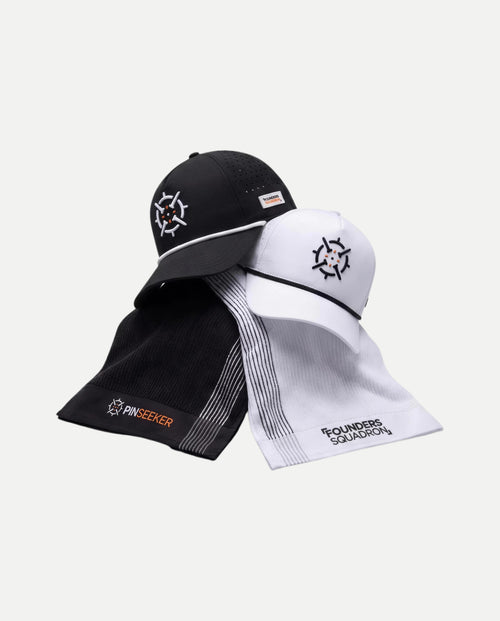 PINSEEKER Founders Squadron Bundle, Blackout and Whiteout Performance Golf Cap with Caddy Golf Towel