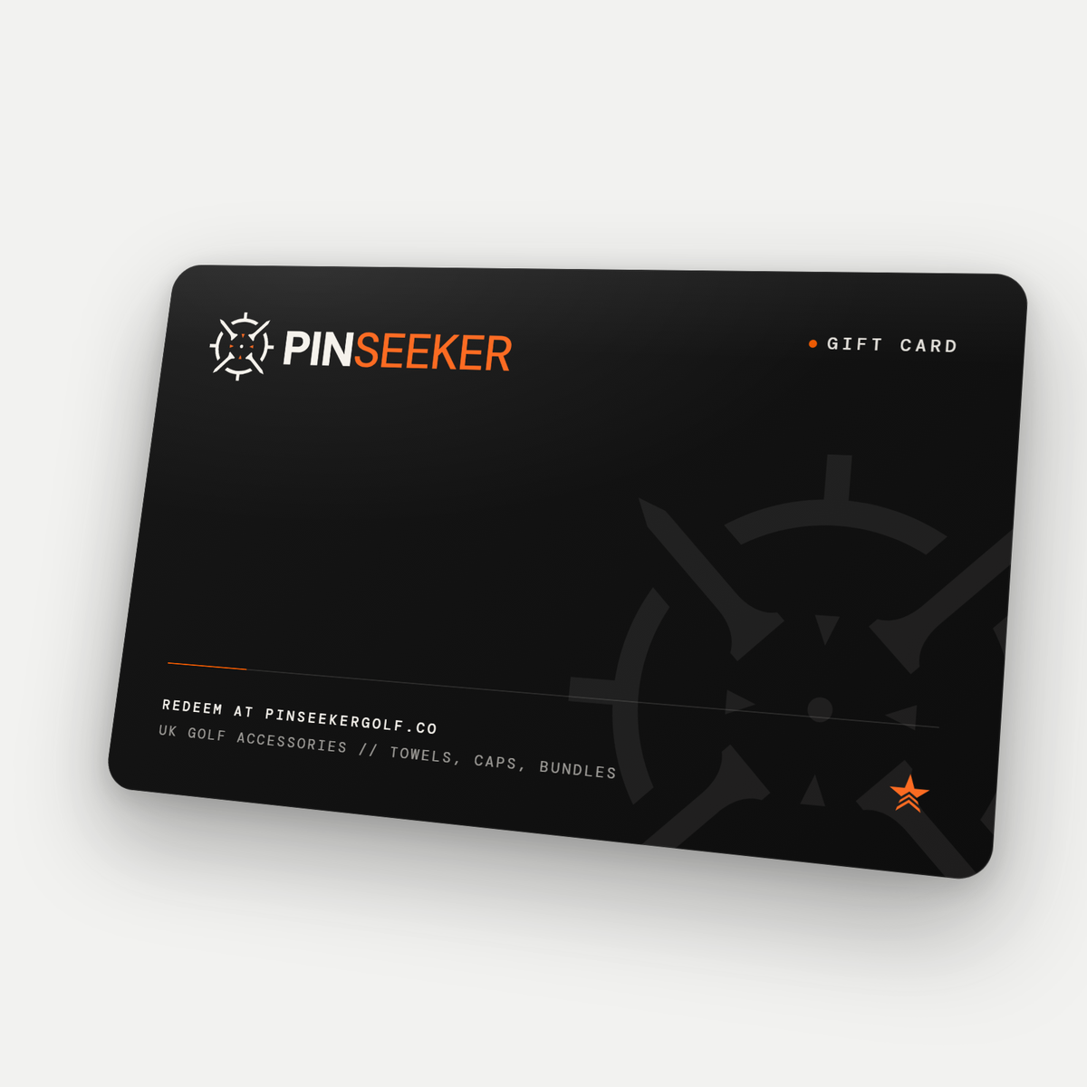 PINSEEKER gift card, black with the orange and white logo