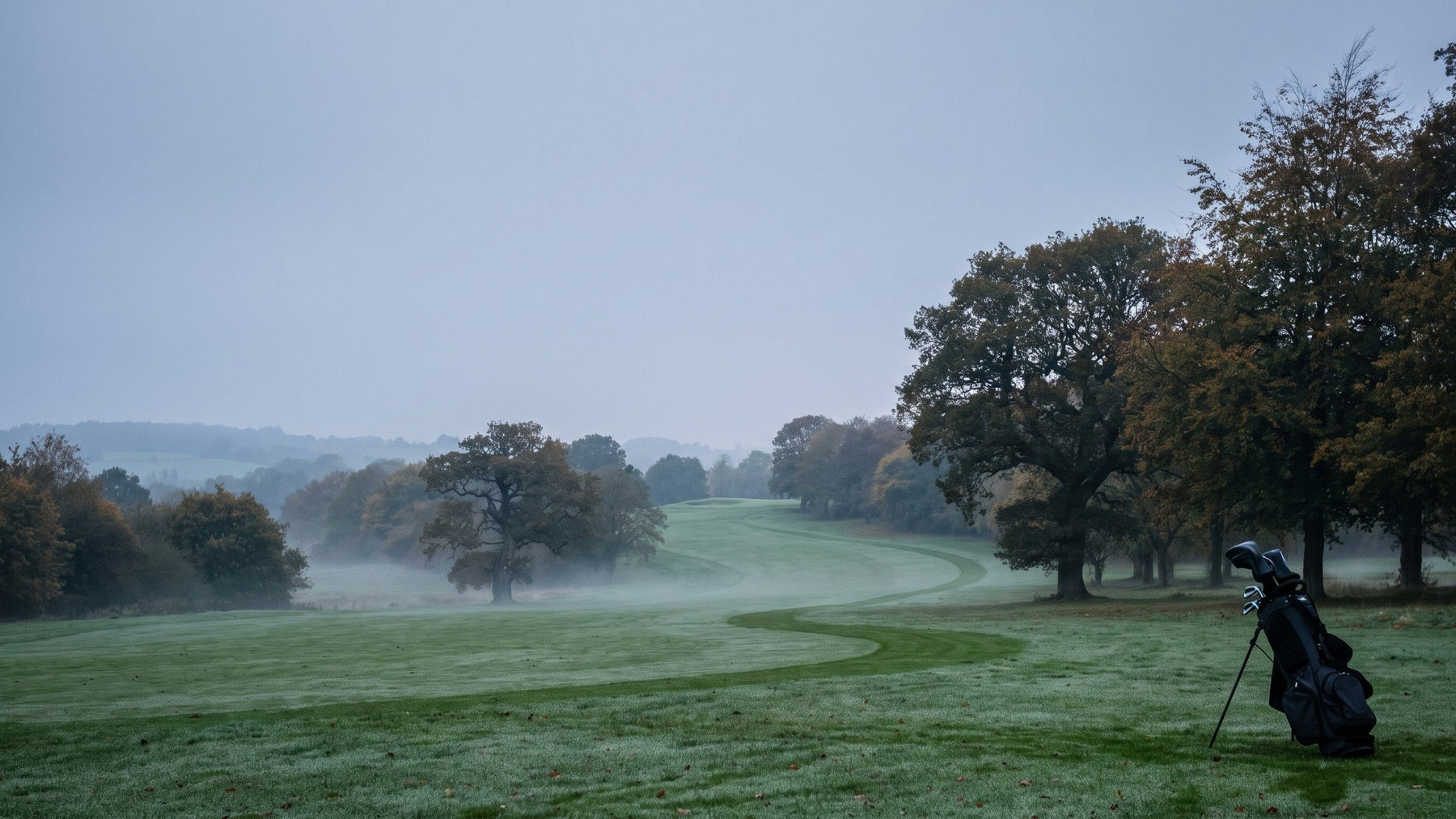 A misty UK golf course at dawn with a golf bag beside the fairway