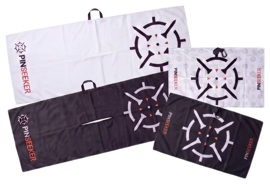 PINSEEKER golf towel range, Tour, Magnetic and Caddy towels in Blackout and Whiteout
