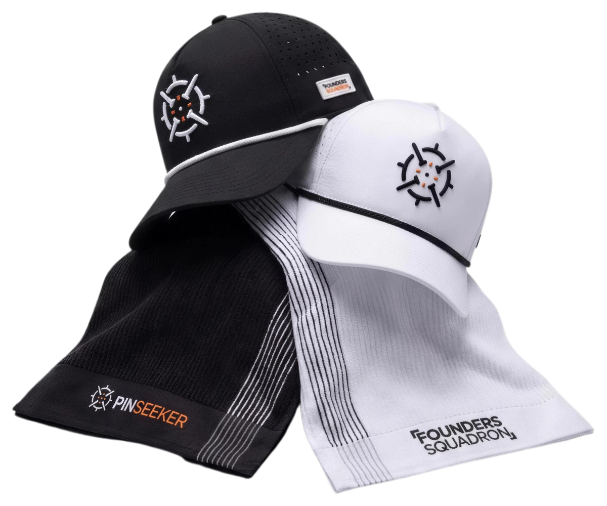 PINSEEKER Founders Squadron Bundle, Blackout and Whiteout Performance Golf Cap with Caddy Golf Towel