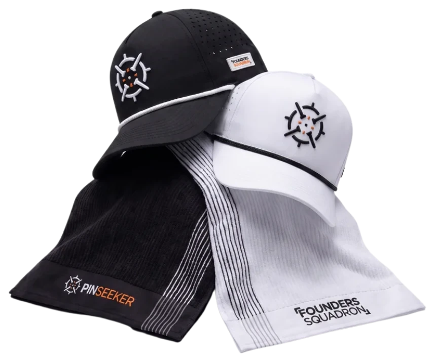PINSEEKER Founders Squadron Bundle, Blackout and Whiteout Performance Golf Cap with Caddy Golf Towel